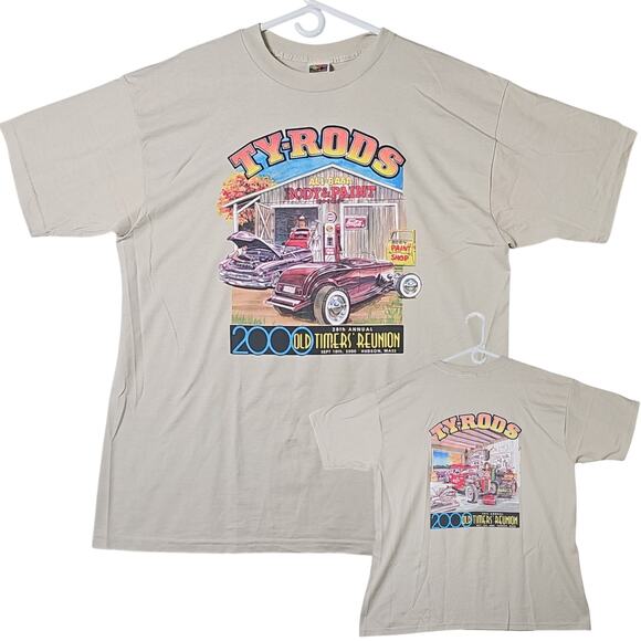 Vintage 2000 Ty-Rods Car Shirt Mens XL 28th Old Timers Reunion Tan Graphic - Picture 1 of 7
